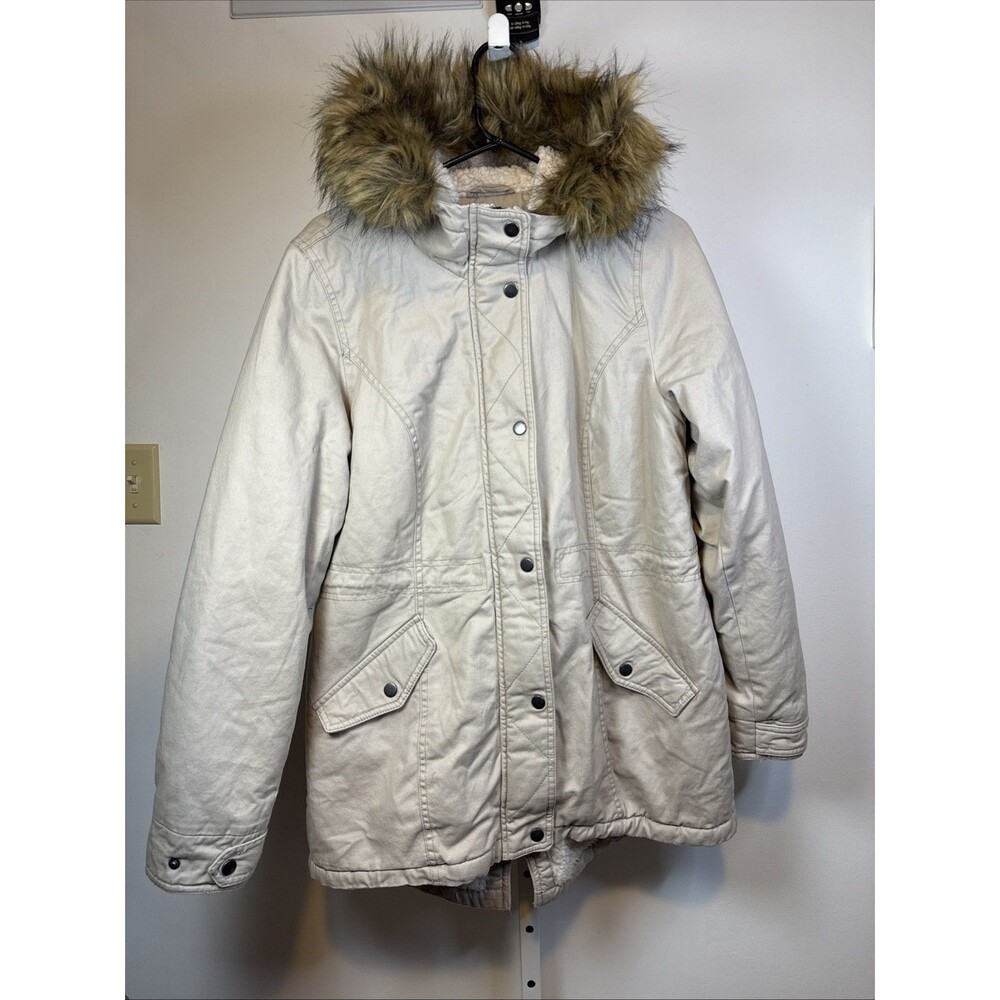 Sebby Cozy Faux Fur Lined Twill Hooded Parka Coat Stone Tan Size Lg Very Warm